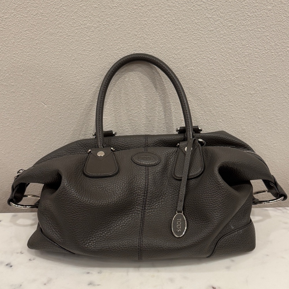TODs grey leather double handle satchel purse good condition (authentic)